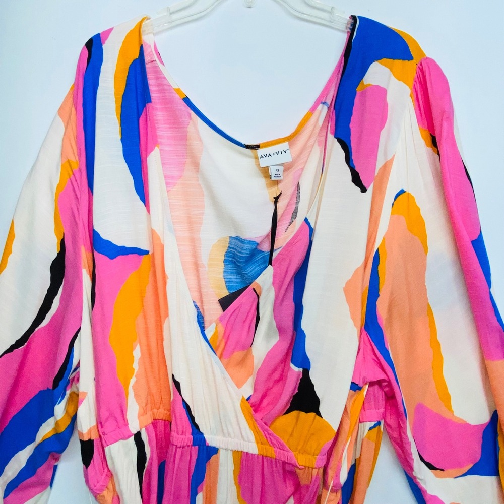 AVA & VIV Women Multicolor Abstract Print Wrap Dress Long Sleeve Belted Size 4X - Picture 5 of 10